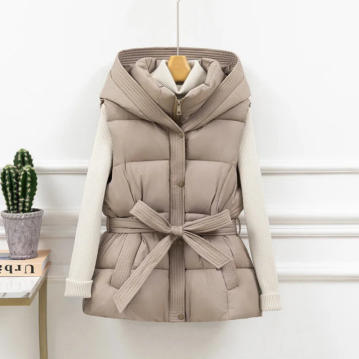 2025 New Women's Quilted Puffer Vest Thicken Warm Winter Hooded Coat Solid Sleeveless Padded Outwear Cropped Button Zip Up Coat