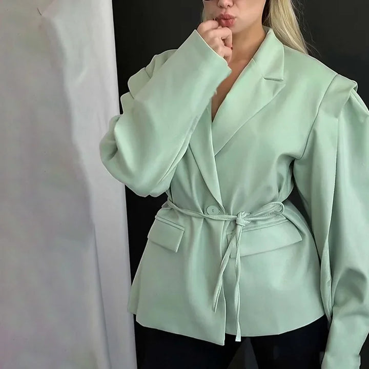 Oversized Blazer Jacket Women Casual Solid Turn Down Collar Lace Up Coat Autumn Fashion Design Street Commute Office Lady Jacket