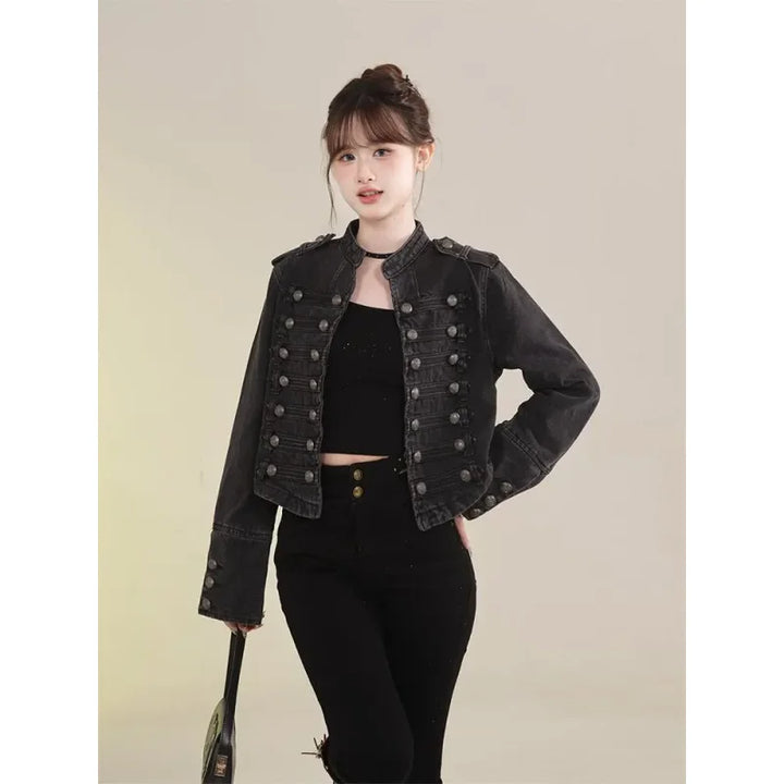 Women's American Retro Denim Military Inspired Cropped Jacket Long Sleeve Stand Collar Casual Motorcycle Coat
