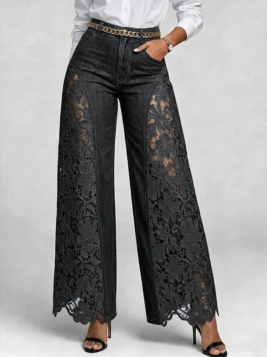 High Waist Wide Leg Pants Women Spring Summer Fashion Hollow Lace Denim Flowy Trousers Palazzo Pants
