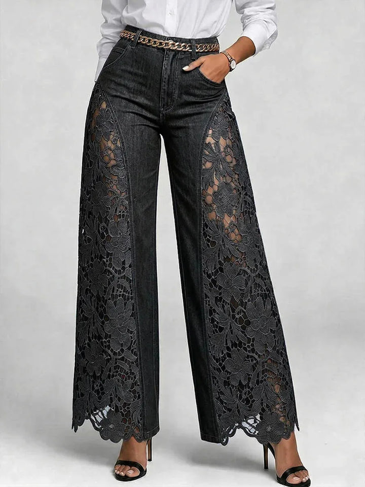 High Waist Wide Leg Pants Women Spring Summer Fashion Hollow Lace Denim Flowy Trousers Palazzo Pants