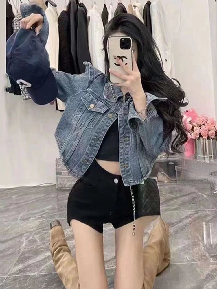 American Vintage Cropped Jackets Women Denim Chic Design Hip Hop Streetwear Young Slim Outwear Long Sleeve New Spring Popular