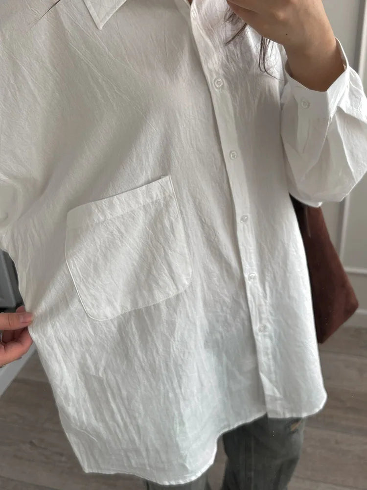 White Basic Oversized Button Up Shirts Women Summer Cotton Office Wear Loose Blouses Female Yellow Shirt Long Sleeve For Women
