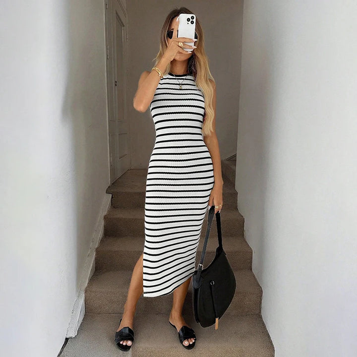 Sleeveless blouse-style dress, casual fitted knitted striped full-skirted dress with slit, women's A-line dress with slit