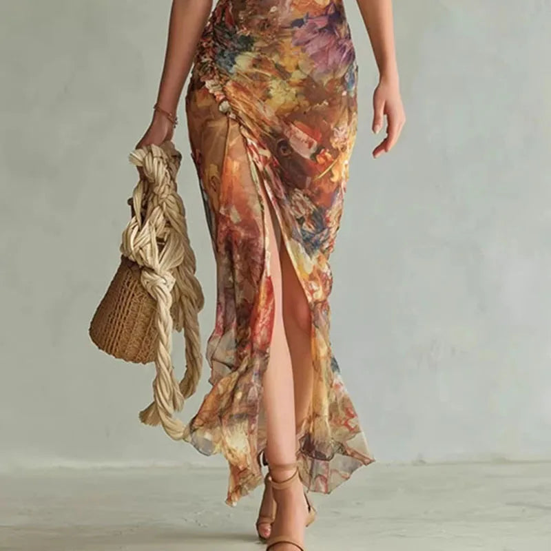 Boho Floral Maxi Dress Woman Spring Sexy Square Collar Ruched Split Bodycon Long Dress New Summer Puff Sleeve Ruffle Party Dress