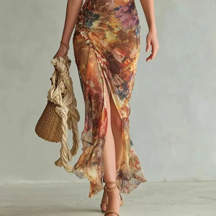 Boho Floral Maxi Dress Woman Spring Sexy Square Collar Ruched Split Bodycon Long Dress New Summer Puff Sleeve Ruffle Party Dress