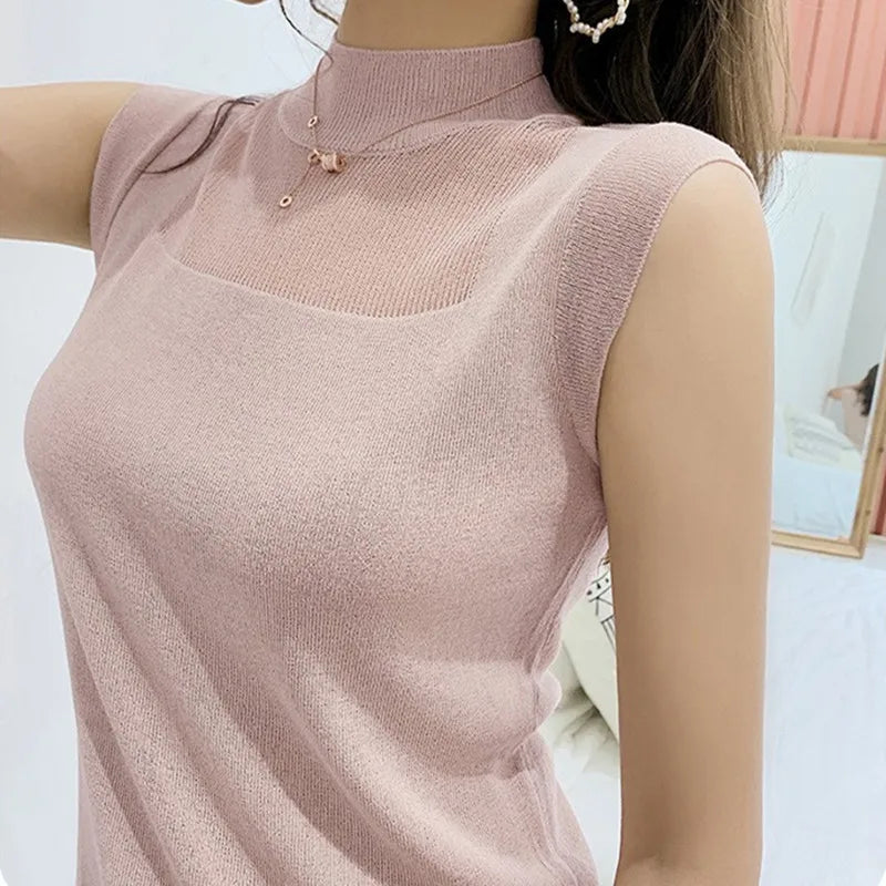 Women's Mock Neck Tank Tops Semi Sheer Sleeveless Crop Top Lightweight Knit Vest Summer Teen-girl Basic Outfit