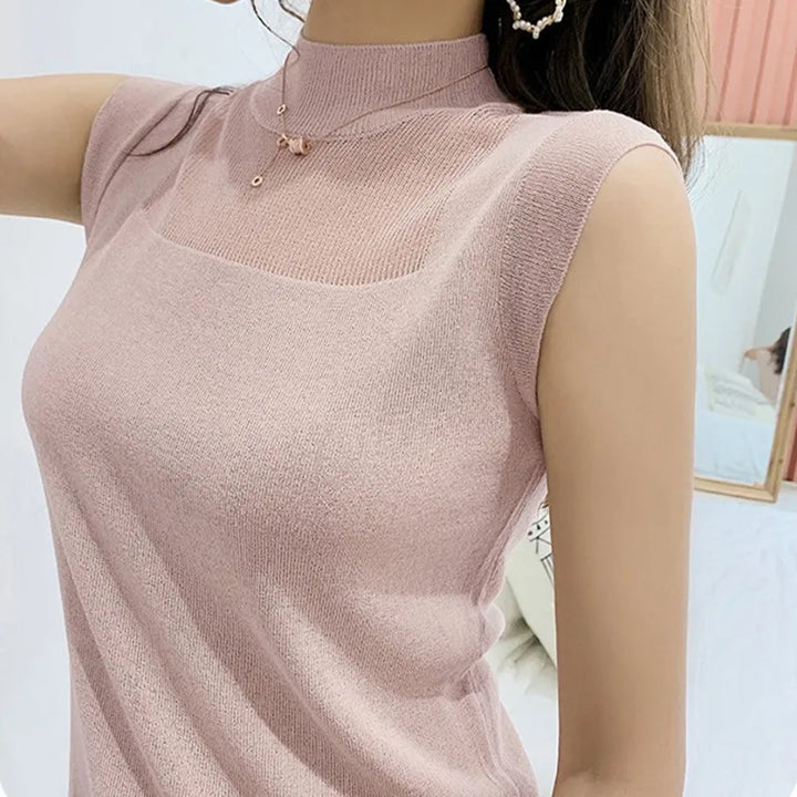 Women's Mock Neck Tank Tops Semi Sheer Sleeveless Crop Top Lightweight Knit Vest Summer Teen-girl Basic Outfit