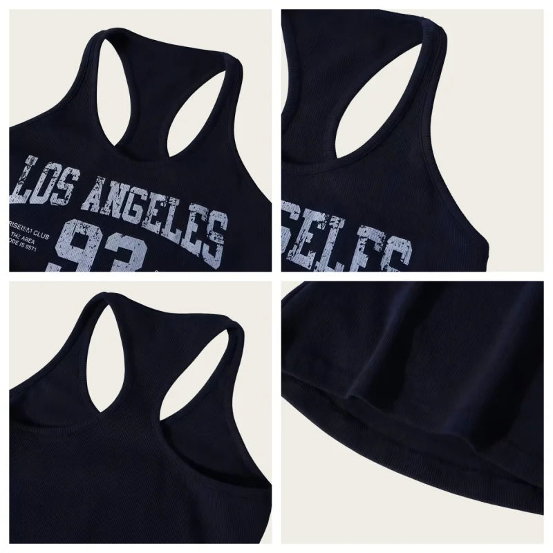 American Retro Street Style Women's Navy Blue Ribbed Slim-Fit Racerback Tank Top