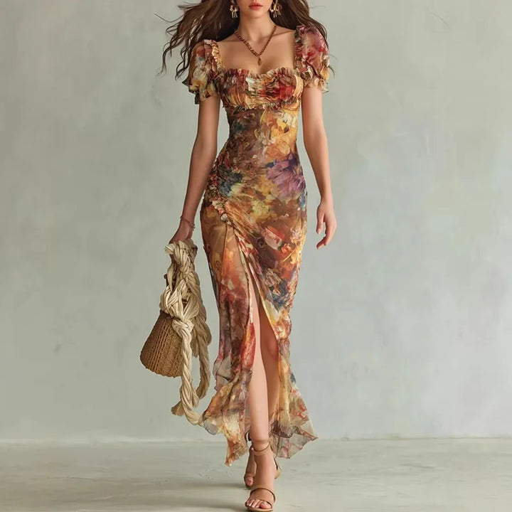 Boho Floral Maxi Dress Woman Spring Sexy Square Collar Ruched Split Bodycon Long Dress New Summer Puff Sleeve Ruffle Party Dress