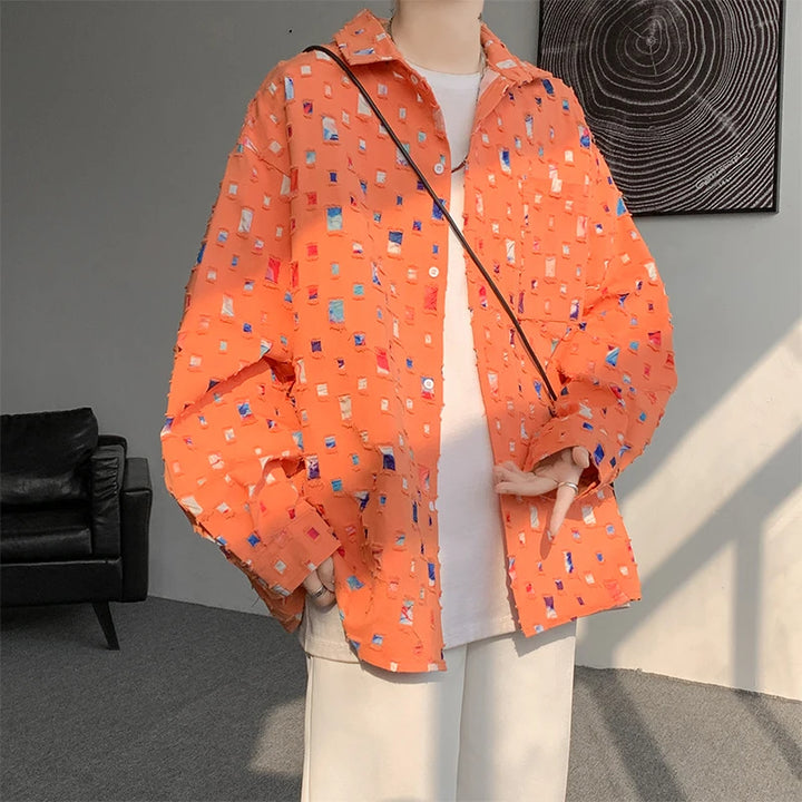 Oversized Colorful Plaid Shirt Mens Cotton Hollow Out Shirts Men Streetwear Loose Casual Long Sleeve Hole Patch Shirts M-5XL