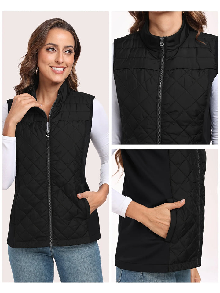 Womens Vest Tops Sleeveless Quilted Outerwear Jackets Stand Collar Zip up Lightweight Vests Spring Fall Winter Outfits