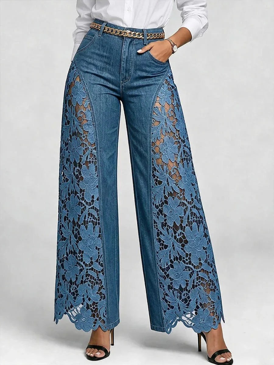 High Waist Wide Leg Pants Women Spring Summer Fashion Hollow Lace Denim Flowy Trousers Palazzo Pants
