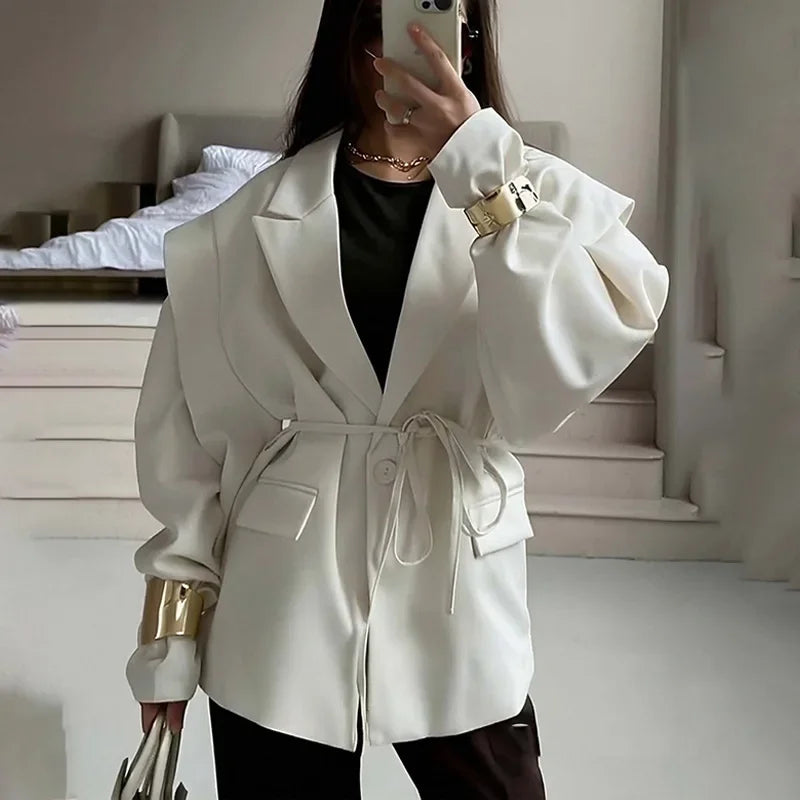 Oversized Blazer Jacket Women Casual Solid Turn Down Collar Lace Up Coat Autumn Fashion Design Street Commute Office Lady Jacket