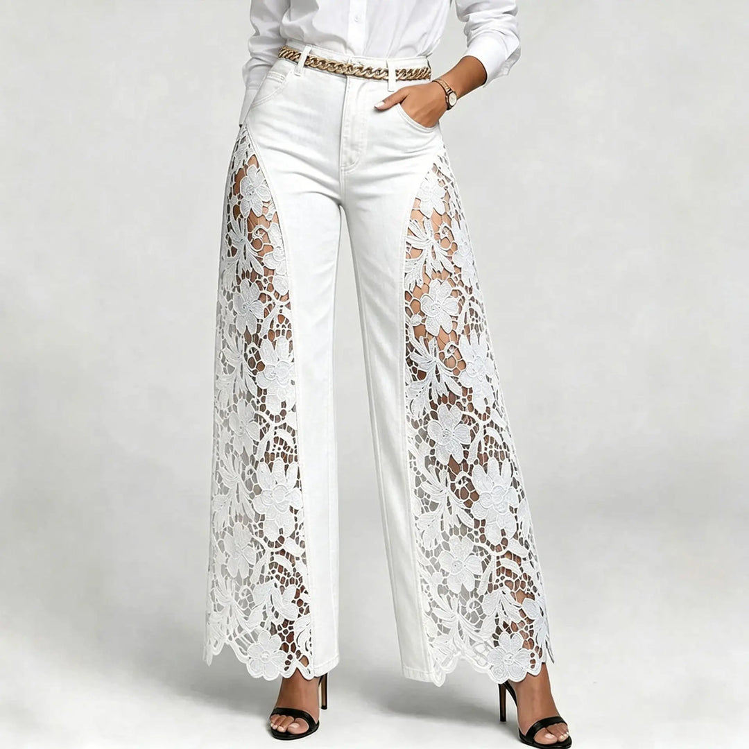 High Waist Wide Leg Pants Women Spring Summer Fashion Hollow Lace Denim Flowy Trousers Palazzo Pants