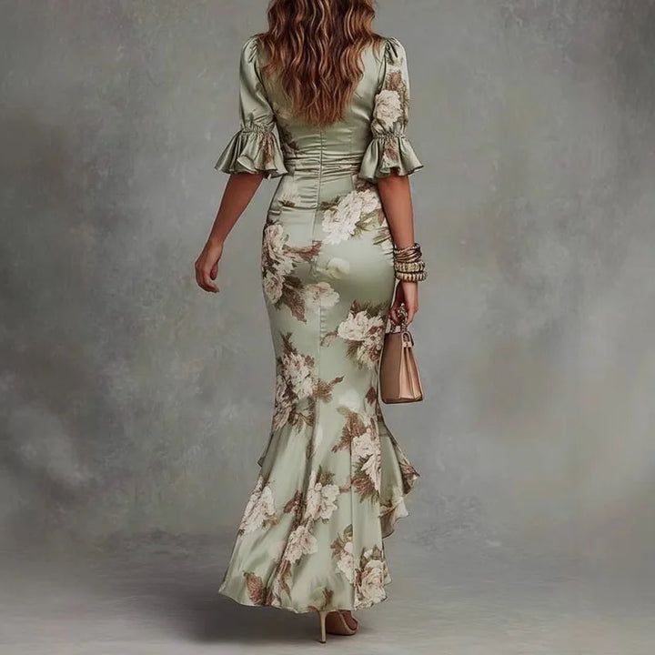 Boho Vacation Floral Print Satin Maxi Dress Women V Neck Ruffle Sleeve Ruched Slit Mermaid Dress Spring Summer Retro Party Dress