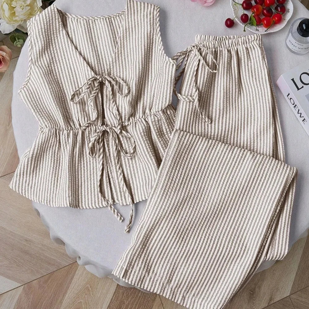 Women‘s Two-Piece Set -Solid Color with Stripe Detail Lounge Set,Strappy Camisole & Wide Leg Tie-Waist Pants,Sweet Casual Outfit