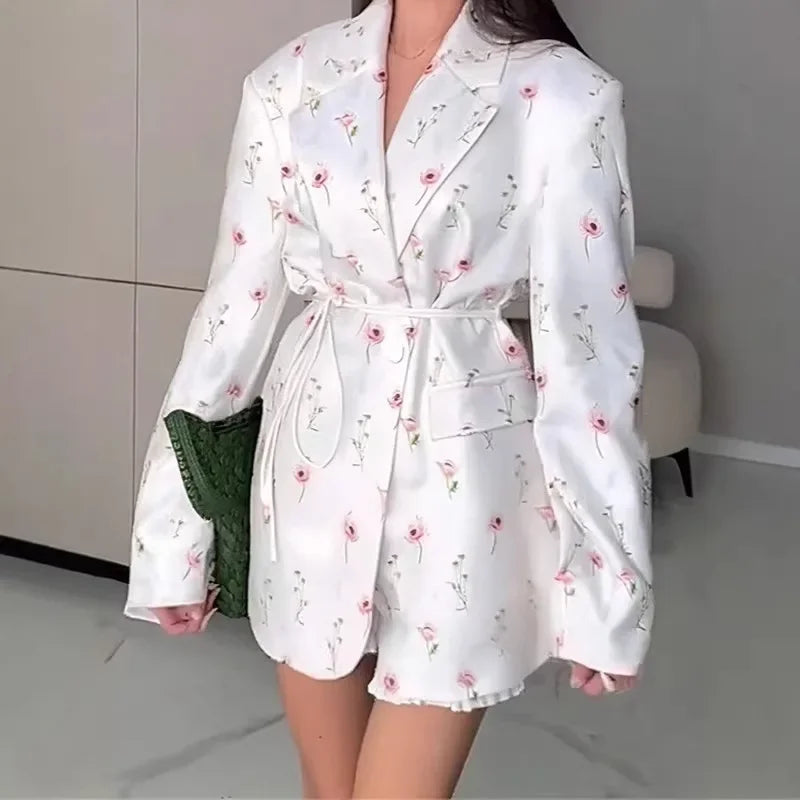 Oversized Blazer Jacket Women Casual Solid Turn Down Collar Lace Up Coat Autumn Fashion Design Street Commute Office Lady Jacket