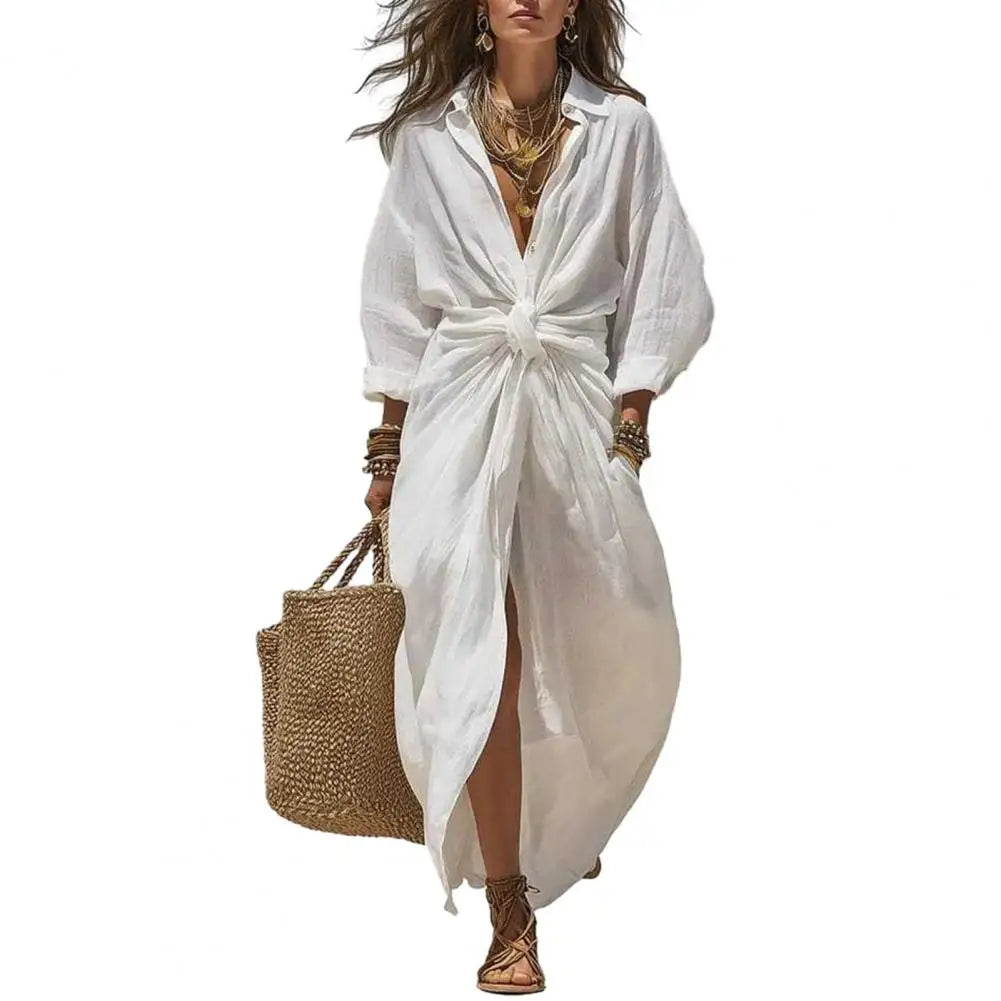 Maxi Shirt Dress for Women V Neck Long Sleeve Ruffled Tie Waist Boho Long Dress, High Slit A-line Loose Flowy Dress with Pockets