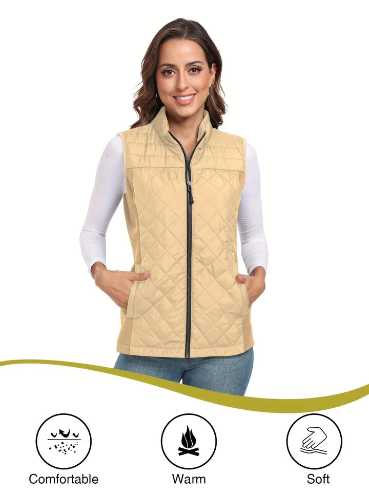Womens Vest Tops Sleeveless Quilted Outerwear Jackets Stand Collar Zip up Lightweight Vests Spring Fall Winter Outfits