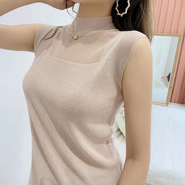 Women's Mock Neck Tank Tops Semi Sheer Sleeveless Crop Top Lightweight Knit Vest Summer Teen-girl Basic Outfit
