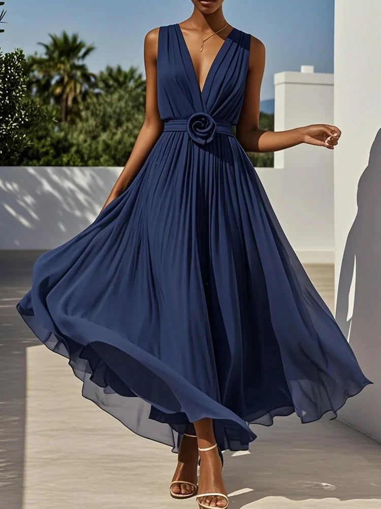 Elegant Solid Color Sleeveless A-Line Dress Sexy Deep V-Neck Backless Big Swing Dress Fashion Pleated Waist Formal Banquet Dress
