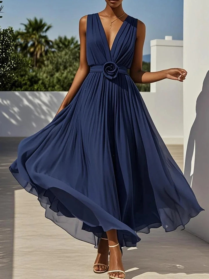 Elegant Solid Color Sleeveless A-Line Dress Sexy Deep V-Neck Backless Big Swing Dress Fashion Pleated Waist Formal Banquet Dress