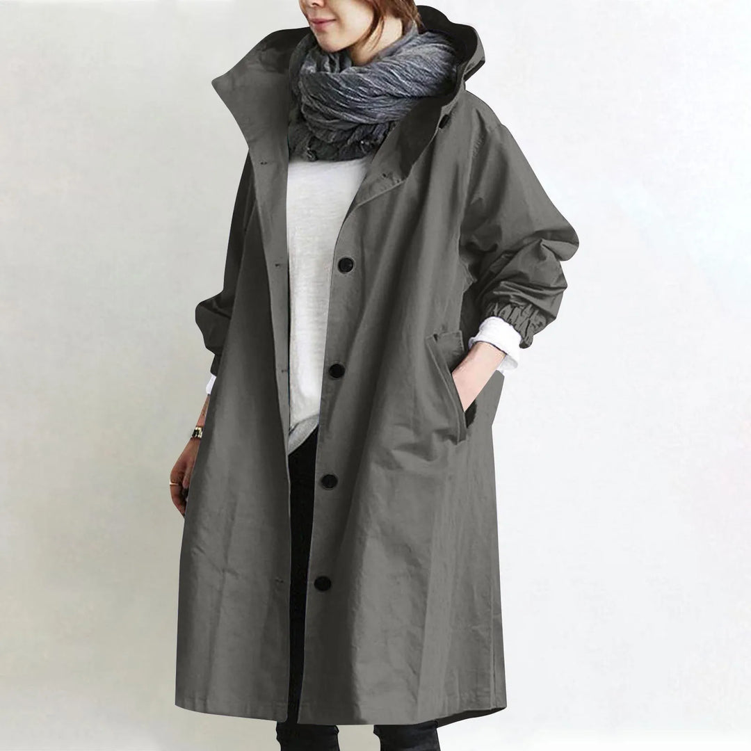Trendy Women's Long Trench Coat Women's Solid Color Elegant Windbreaker Loose Comfortable Hooded Temperament Ladies Raincoat
