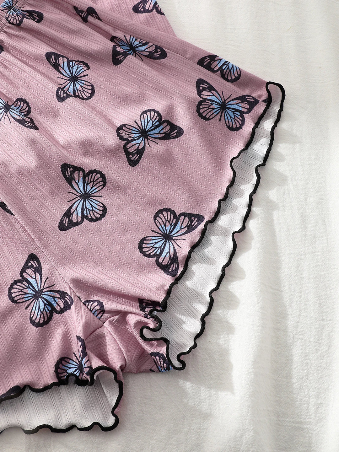 1PC Butterfly Print Waffle Knit Lounge Shorts, Elastic High Waist Scalloped Trim Soft Breathable Women Summer Sleep Bottoms