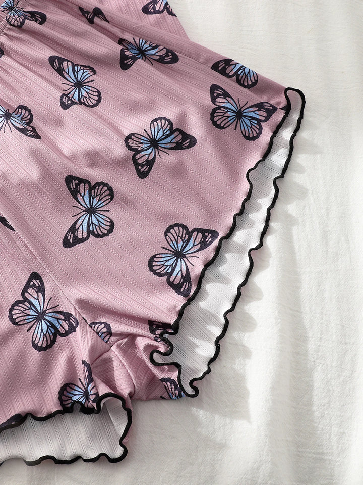 1PC Butterfly Print Waffle Knit Lounge Shorts, Elastic High Waist Scalloped Trim Soft Breathable Women Summer Sleep Bottoms