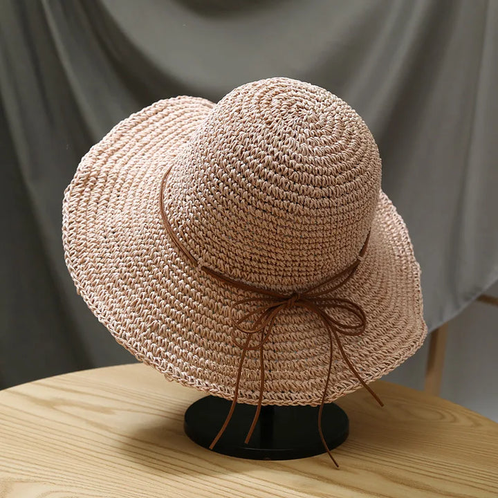 Women's Summer Woven Straw & Fabric Beach Hat - Wide-Brim UV Protection Sun Cap for Outdoor & Coastal Adventures