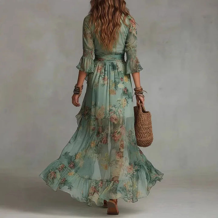 Vintage Floral Print Wrap Dresses Women V Neck Bell Sleeve Cinched Waist Asymmetrical Split Maxi Dress Boho Vacation Party Dress