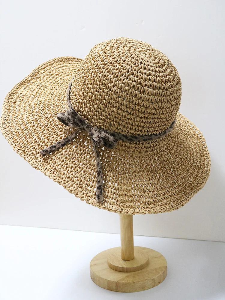 Women's Summer Woven Straw & Fabric Beach Hat - Wide-Brim UV Protection Sun Cap for Outdoor & Coastal Adventures