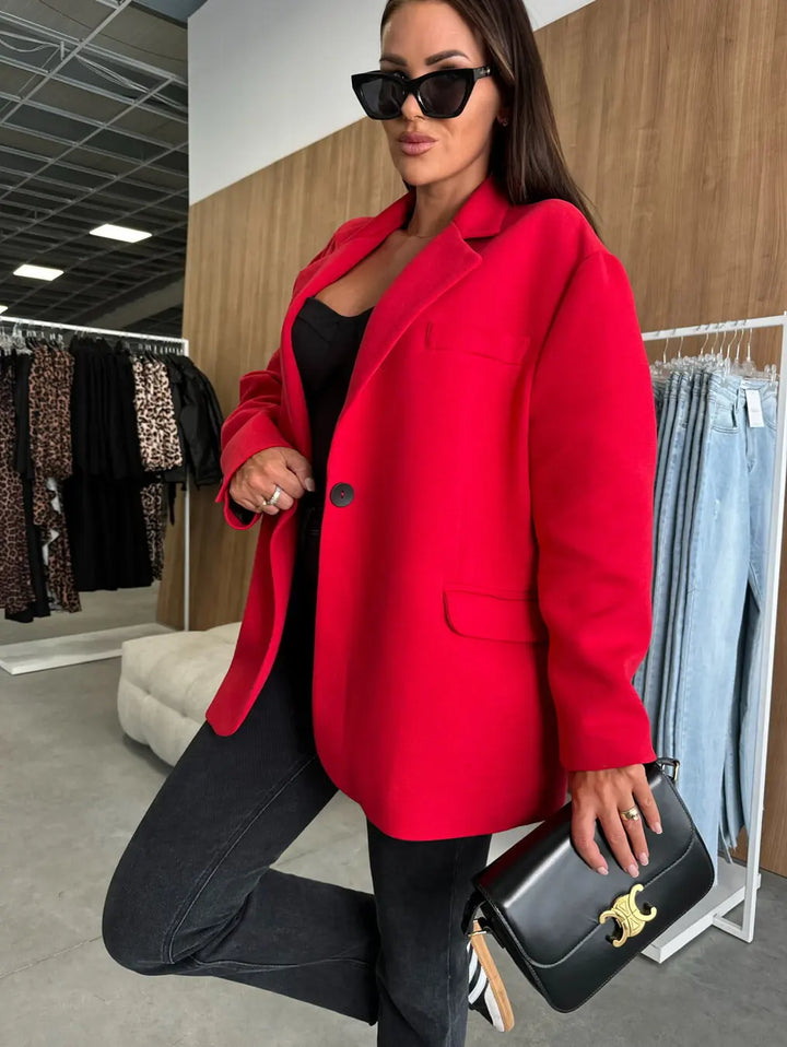 Oversized Single Breasted Blazer With Notched Lapel Chest Pocket And Flap Pockets Ideal For Office Wear Formal Events And Chic S