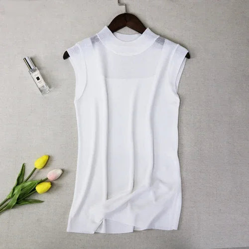 Women's Mock Neck Tank Tops Semi Sheer Sleeveless Crop Top Lightweight Knit Vest Summer Teen-girl Basic Outfit