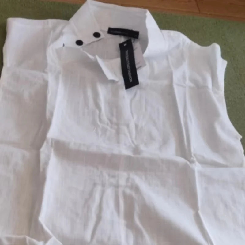 Fashion Cotton Linen T Shirt Lightweight Women's Shirt Round Slit Button Down Collar Short Sleeve Solid Top Casual Tops