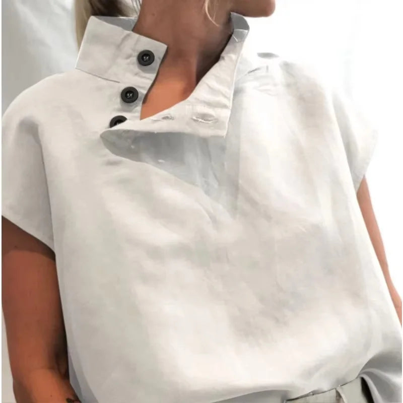 Fashion Cotton Linen T Shirt Lightweight Women's Shirt Round Slit Button Down Collar Short Sleeve Solid Top Casual Tops