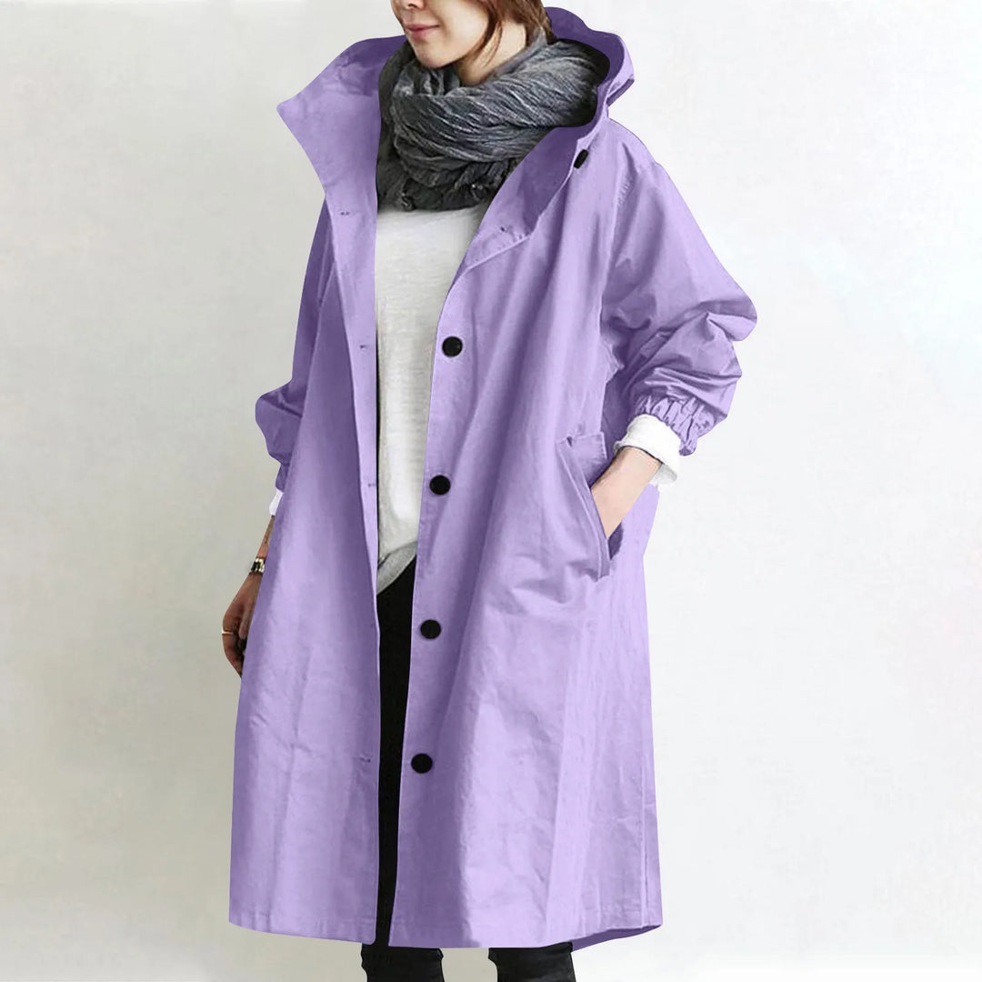 Trendy Women's Long Trench Coat Women's Solid Color Elegant Windbreaker Loose Comfortable Hooded Temperament Ladies Raincoat