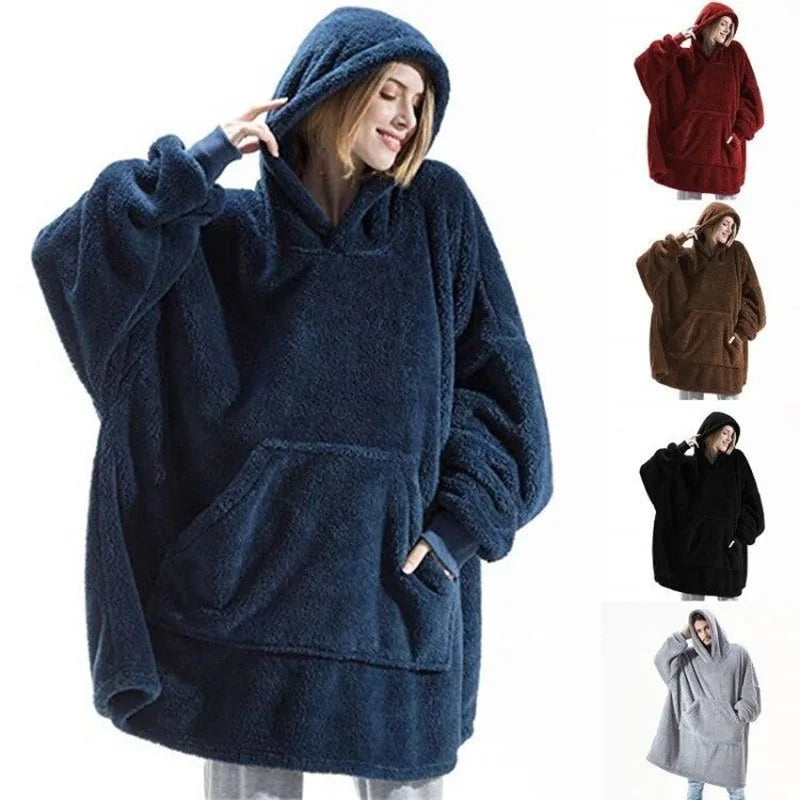 New Winter Double-faced Fleece Hoodie Blanket Oversize Large Pocket Warm Couple Loose Sweatshirts Women And Men Robe loungewear