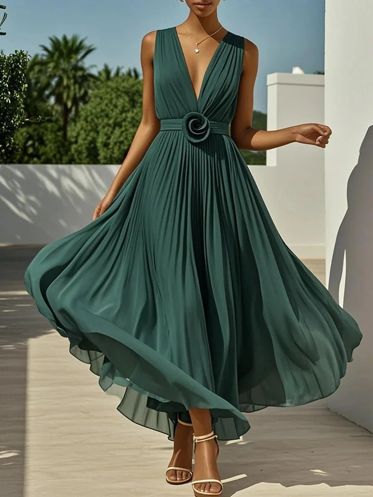 Elegant Solid Color Sleeveless A-Line Dress Sexy Deep V-Neck Backless Big Swing Dress Fashion Pleated Waist Formal Banquet Dress