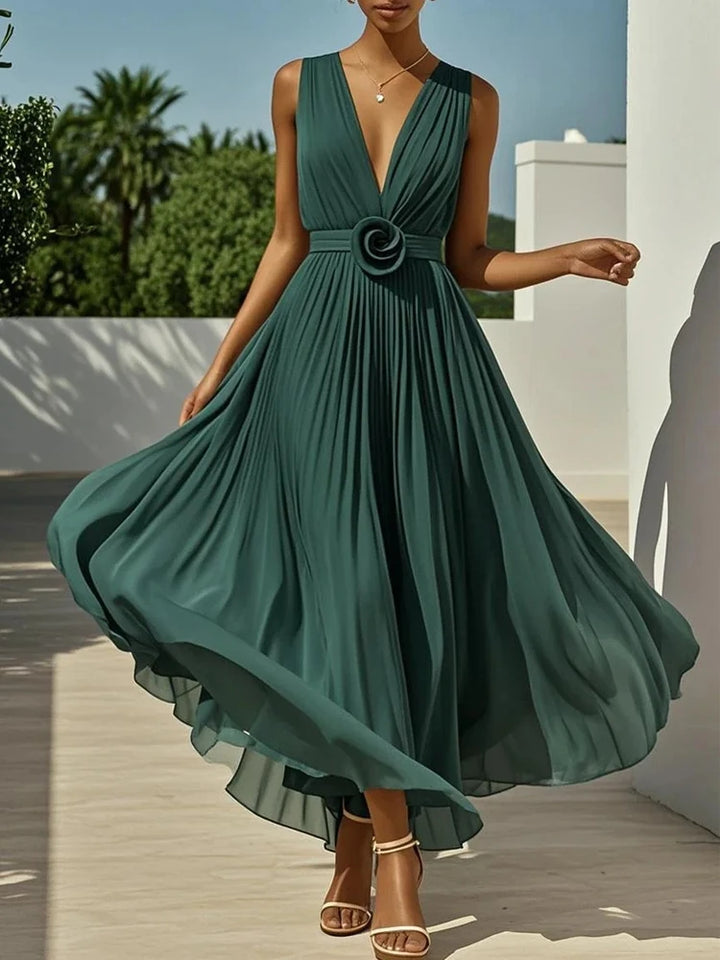 Elegant Solid Color Sleeveless A-Line Dress Sexy Deep V-Neck Backless Big Swing Dress Fashion Pleated Waist Formal Banquet Dress