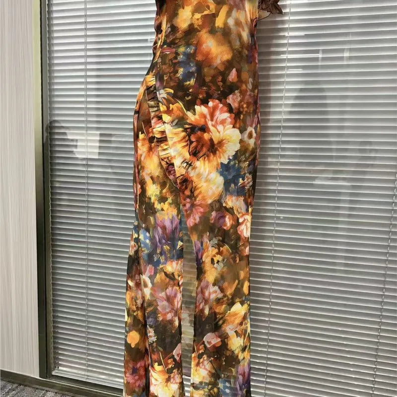 Boho Floral Maxi Dress Woman Sexy Square Collar Ruched Split Bodycon Long Dress New Summer Puff Sleeve Ruffle Party Dress