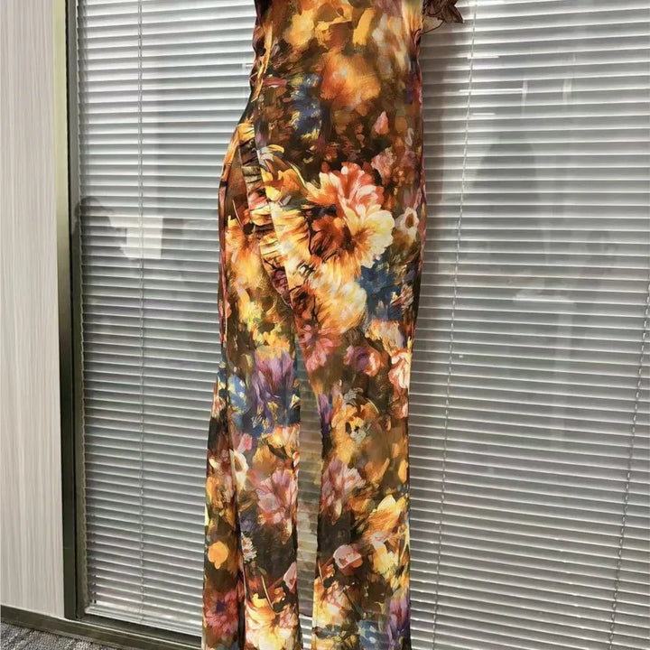 Boho Floral Maxi Dress Woman Sexy Square Collar Ruched Split Bodycon Long Dress New Summer Puff Sleeve Ruffle Party Dress