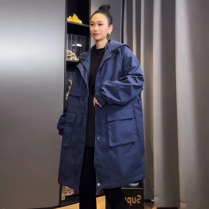 Korean Fashion Trench Coat for Women Spring Autumn Solid Hooded Windbreaker Long Coat Jackets Women Clothing Long Sleeved Tops