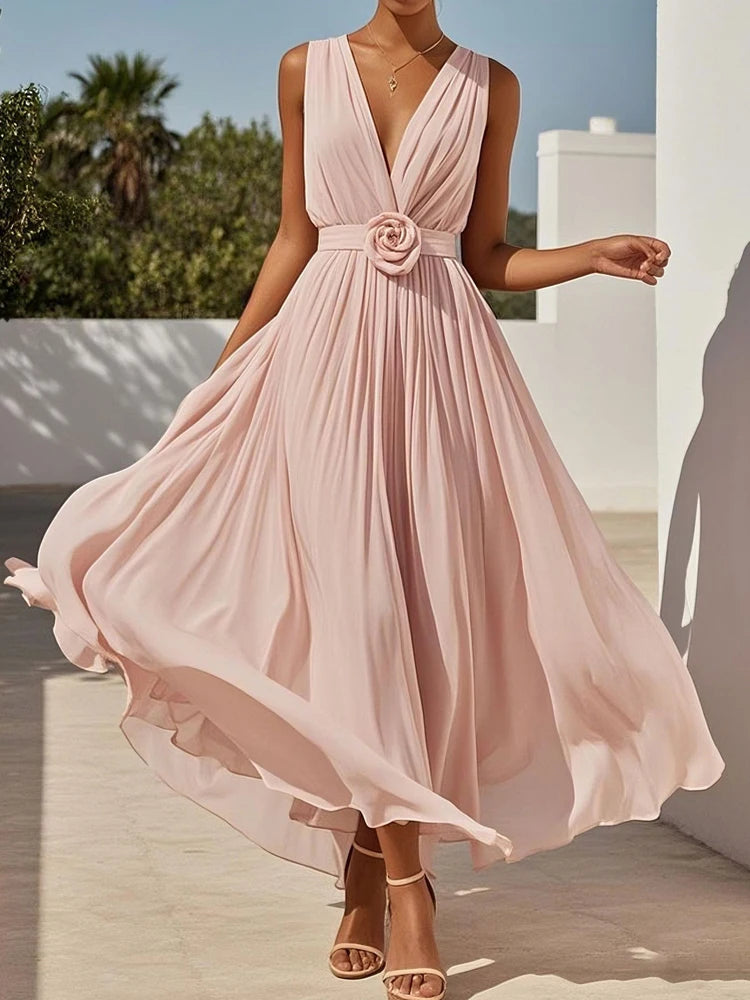 Elegant Solid Color Sleeveless A-Line Dress Sexy Deep V-Neck Backless Big Swing Dress Fashion Pleated Waist Formal Banquet Dress