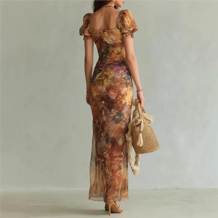 Boho Floral Maxi Dress Woman Sexy Square Collar Ruched Split Bodycon Long Dress New Summer Puff Sleeve Ruffle Party Dress