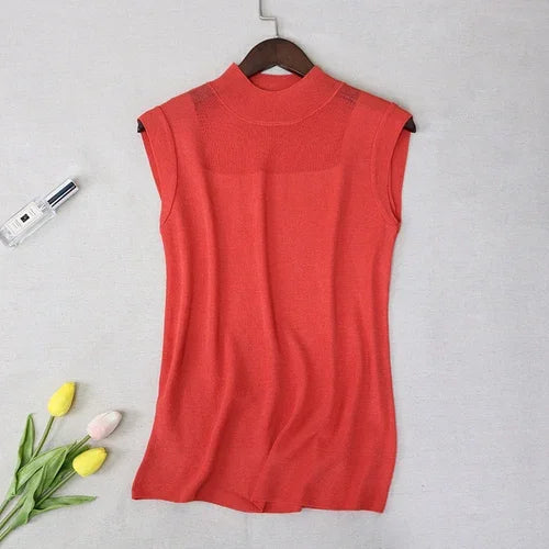 Women's Mock Neck Tank Tops Semi Sheer Sleeveless Crop Top Lightweight Knit Vest Summer Teen-girl Basic Outfit