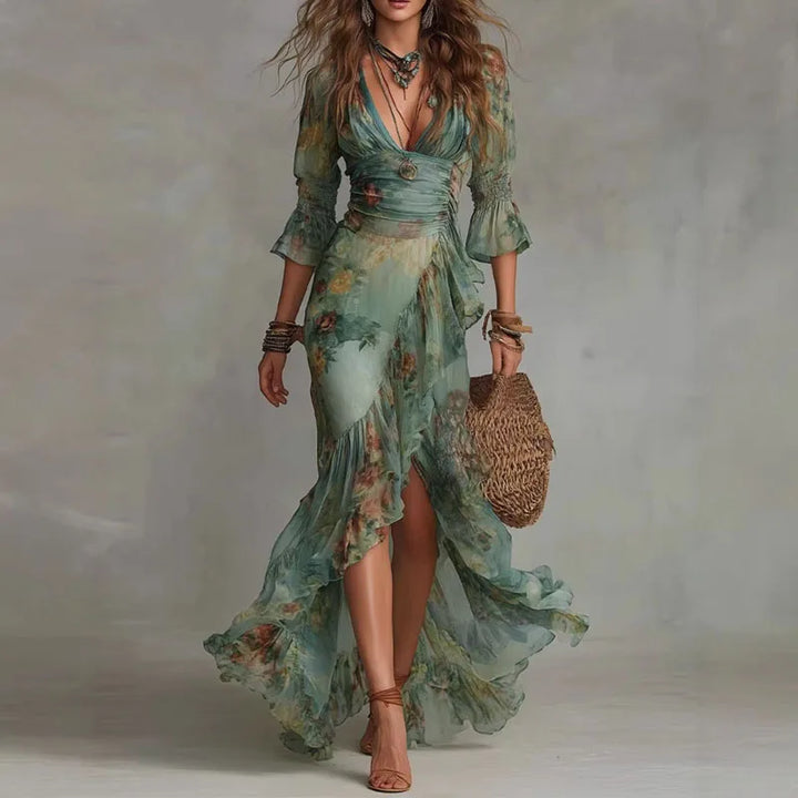 Vintage Floral Print Wrap Dresses Women V Neck Bell Sleeve Cinched Waist Asymmetrical Split Maxi Dress Boho Vacation Party Dress
