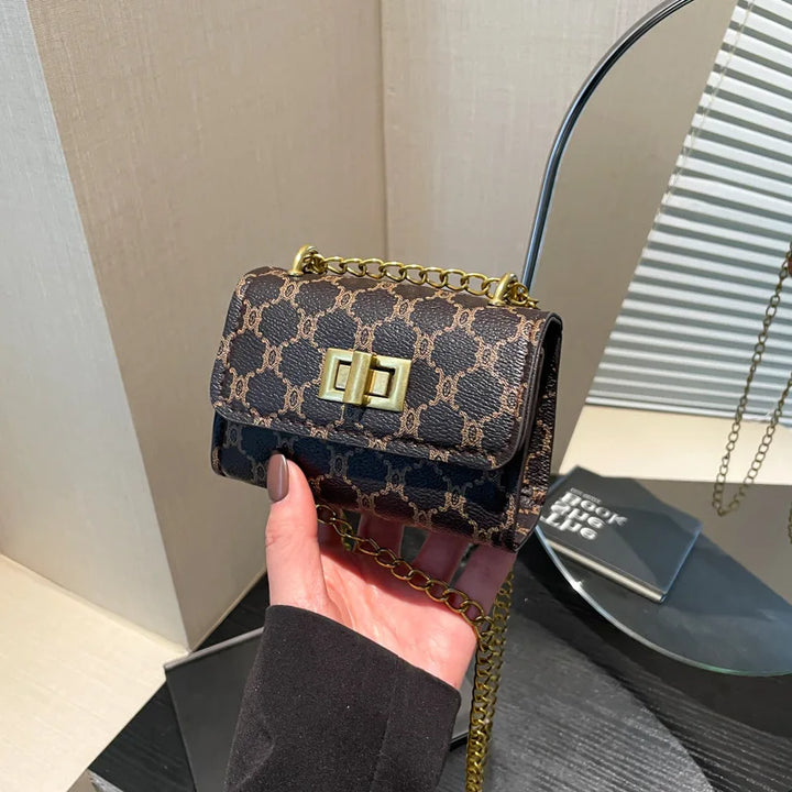 Stylish Mini Crossbody Bag with Geometric Pattern Faux Leather Buckle Closure Painted Edge Detail Faux Leather Lining Purse
