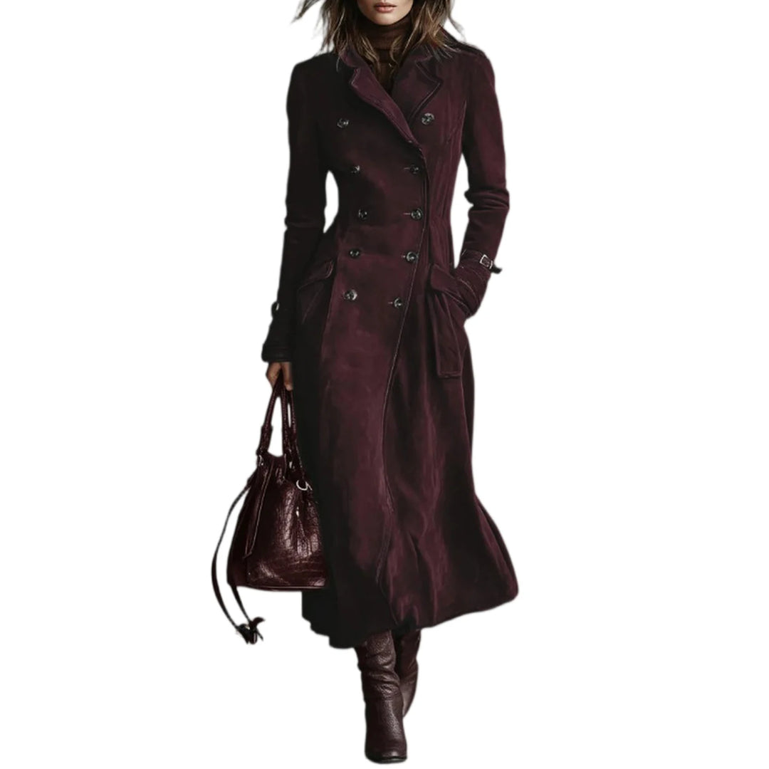Trench Coat Women Chocolate Suede Double-Breasted Long Trench Coat Elegant Office Daily Outing 2026 Trendy Tops Nuevo Estilo